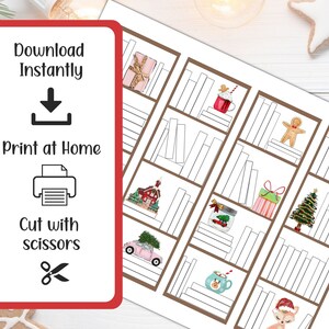 May include: A printable Christmas-themed digital download featuring a bookshelf design with festive illustrations. The image includes text that reads "Download Instantly", "Print at Home", and "Cut with scissors".