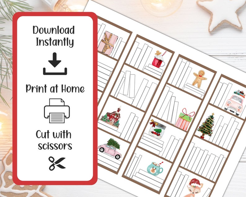 May include: A printable Christmas-themed digital download featuring a bookshelf design with festive illustrations. The image includes text that reads "Download Instantly", "Print at Home", and "Cut with scissors".