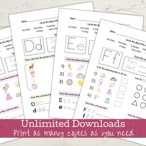May include: A printable worksheet for preschoolers to practice tracing the letters C, D, E, and F. The worksheet includes activities such as circling the days of the week, tracing the letters, and writing the beginning letter of words.