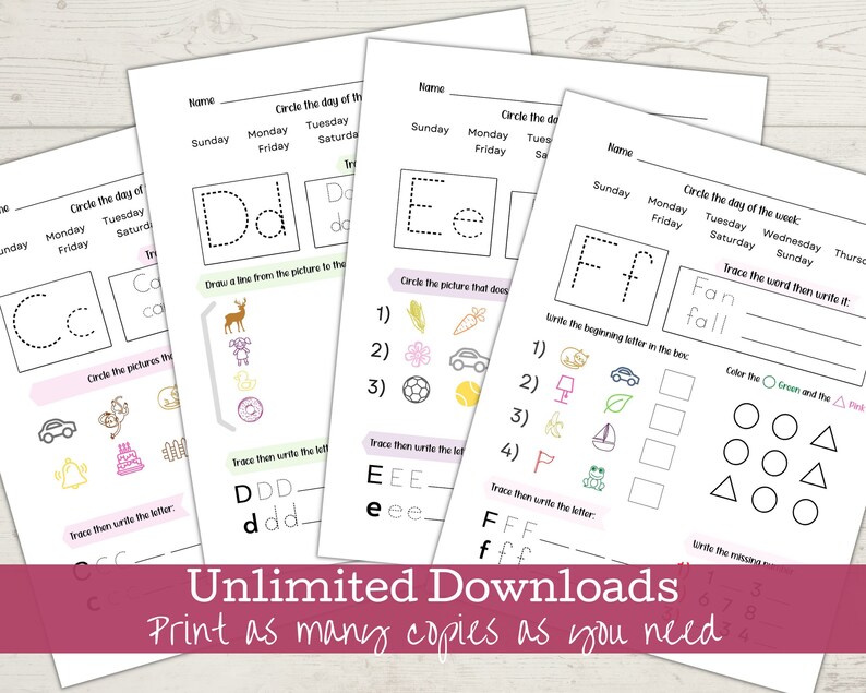 May include: A printable worksheet for preschoolers to practice tracing the letters C, D, E, and F. The worksheet includes activities such as circling the days of the week, tracing the letters, and writing the beginning letter of words.