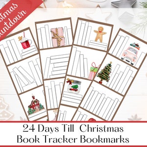 May include: A set of Christmas-themed book tracker bookmarks. Each bookmark features a bookshelf design with festive illustrations like a gingerbread man, Christmas tree, and wrapped gifts. The text reads "Christmas Countdown" and "24 Days Till Christmas Book Tracker Bookmarks."