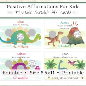 Positive Affirmations For Kids,| Editable and Printable Card for Student, Motivational Custom Scratch Off Note, Lunch Box note for kids