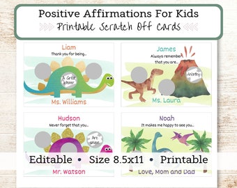 Positive Affirmations For Kids,| Editable and Printable Card for Student, Motivational Custom Scratch Off Note, Lunch Box note for kids