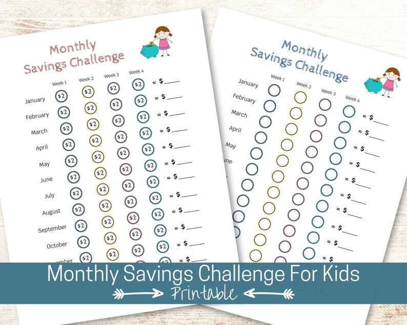 Monthly Money Savings Challenge For Kids Printable Money Challenge Tracker Money Goal Chart to Teach Kids How to Budget and Save image 1