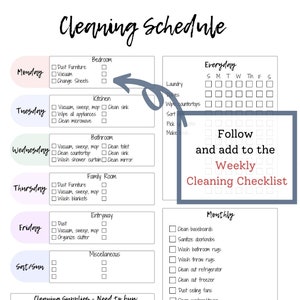 May include: A printable cleaning schedule checklist with a light blue background. The checklist is divided into daily, weekly, and monthly tasks. The daily tasks are organized by day of the week, with each day having a different color. The weekly tasks are organized by room, with each room having a different color. The monthly tasks are organized by category, with each category having a different color.