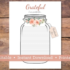Puede incluir: Tarro de agradecimiento imprimible con un dise&ntilde;o floral. El tarro est&aacute; delineado en negro y tiene l&iacute;neas para escribir. El texto "Gratitude Jar" est&aacute; en una etiqueta.