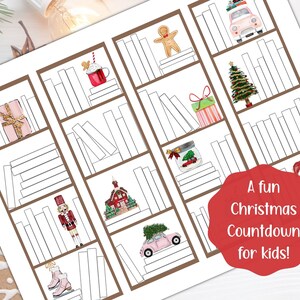 May include: A Christmas-themed countdown calendar with illustrations of holiday items in a bookshelf design. The calendar includes a gingerbread man, a Christmas tree, a pink car with a tree, and a red mug with whipped cream. The text reads: "A fun Christmas Countdown for kids!"
