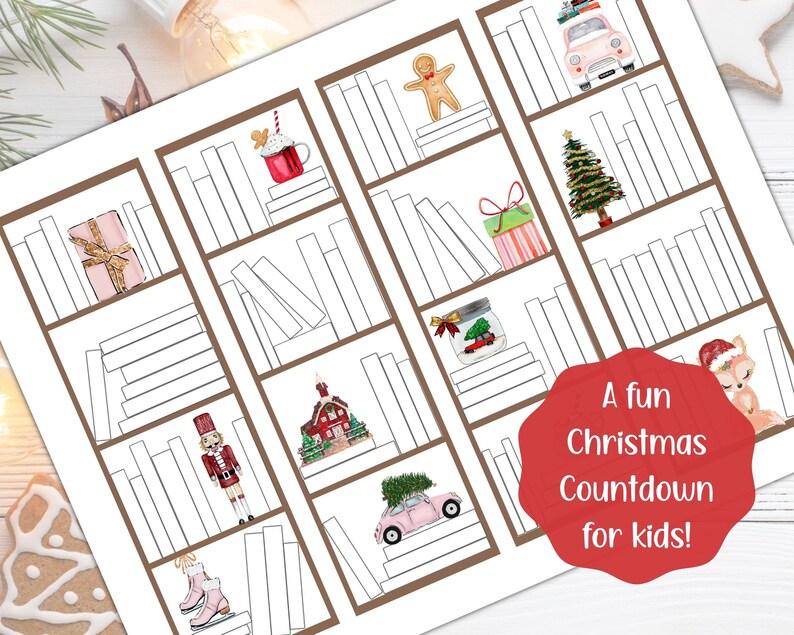 May include: A Christmas-themed countdown calendar with illustrations of holiday items in a bookshelf design. The calendar includes a gingerbread man, a Christmas tree, a pink car with a tree, and a red mug with whipped cream. The text reads: "A fun Christmas Countdown for kids!"