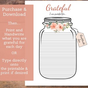 Puede incluir: Tarro de agradecimiento imprimible con un dise&ntilde;o floral y el texto "Gratitude Jar" en una etiqueta. El tarro est&aacute; forrado con l&iacute;neas horizontales para escribir.