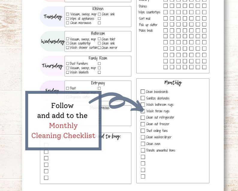 May include: A printable cleaning checklist with a daily, weekly, and monthly schedule. The checklist includes tasks like vacuuming, sweeping, mopping, dusting, and cleaning the kitchen, bathroom, family room, and entryway. The checklist also includes a section for monthly tasks like cleaning baseboards, sanitizing doorknobs, washing bathroom rugs, and cleaning out the refrigerator.
