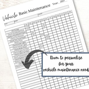 May include: A printable vehicle maintenance checklist with a black and white grid. The checklist includes a list of maintenance tasks, such as oil change, tire rotation, and brake fluid check, with corresponding dates for each task. The checklist is designed for the year 2021.