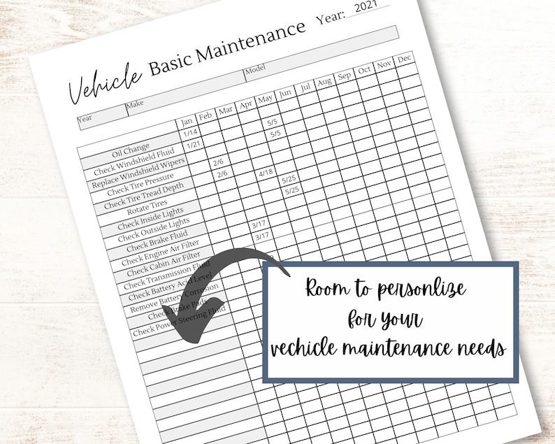 May include: A printable vehicle maintenance checklist with a black and white grid. The checklist includes a list of maintenance tasks, such as oil change, tire rotation, and brake fluid check, with corresponding dates for each task. The checklist is designed for the year 2021.