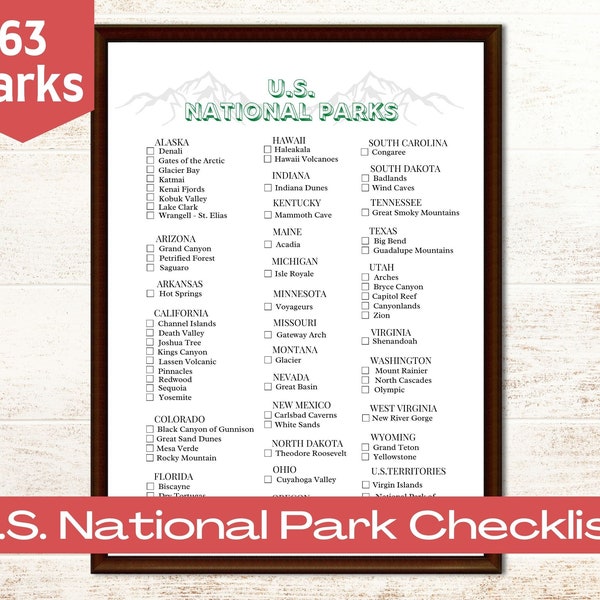 National Park Checklist | United States National Parks Log | National Parks Poster | Travel Gift | U.S Park Challenge | National Park Print