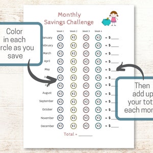 Monthly Money Savings Challenge For Kids Printable Money Challenge Tracker Money Goal Chart to Teach Kids How to Budget and Save image 2