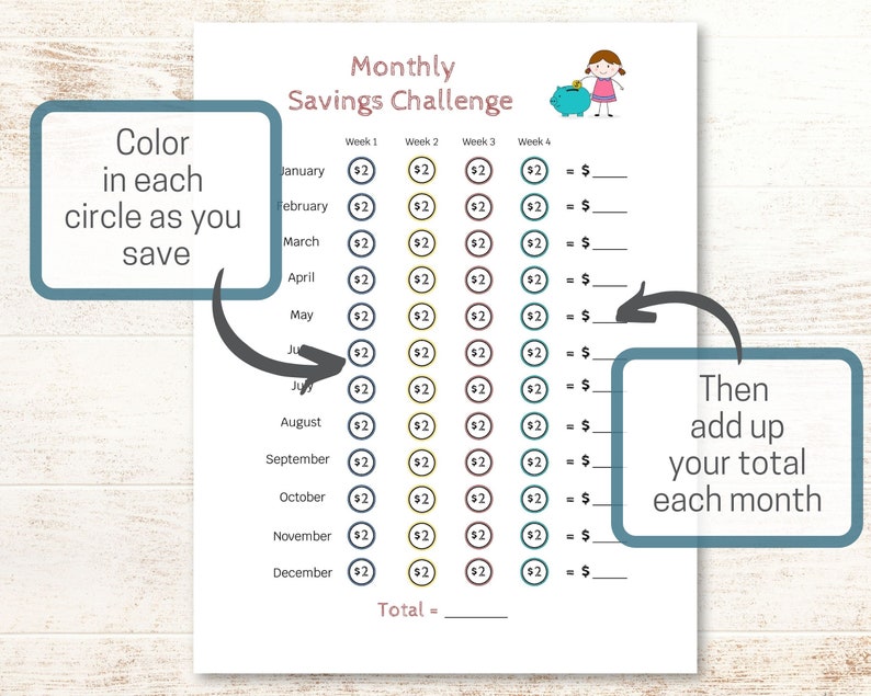Monthly Money Savings Challenge For Kids Printable Money Challenge Tracker Money Goal Chart to Teach Kids How to Budget and Save image 2