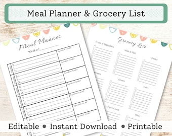 Meal Plan Template, Meal Plan Printable, Meal Prep Planner, Weekly Meal Plan, Menu Planner, Grocery List for Meal Prep, Daily meal Planner