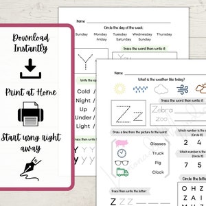 May include: A printable worksheet for kids featuring tracing letters, numbers, and words. The worksheet includes activities like tracing the letter "Z", circling the day of the week, and drawing a line from a picture to the word. The worksheet also includes a section for tracing the letter "Y" and writing the opposites of words like "cold" and "night".