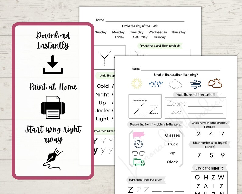 May include: A printable worksheet for kids featuring tracing letters, numbers, and words. The worksheet includes activities like tracing the letter "Z", circling the day of the week, and drawing a line from a picture to the word. The worksheet also includes a section for tracing the letter "Y" and writing the opposites of words like "cold" and "night".