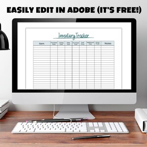 May include: A computer screen displaying a printable inventory tracker spreadsheet with columns for item, purchase date, listing date, date sold, purchase cost, sold price, additional fees, gross profit, and notes.