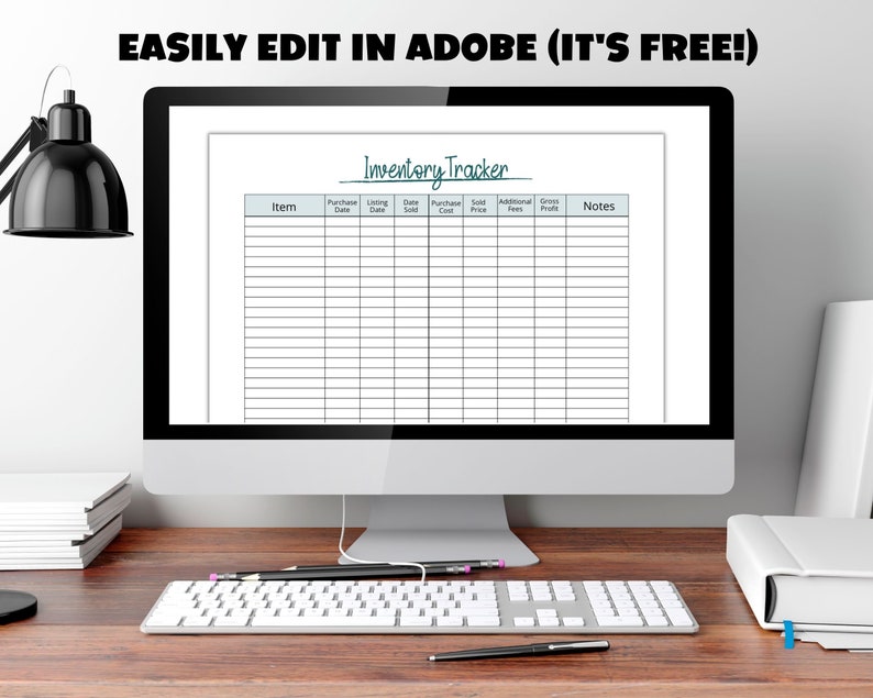 May include: A computer screen displaying a printable inventory tracker spreadsheet with columns for item, purchase date, listing date, date sold, purchase cost, sold price, additional fees, gross profit, and notes.