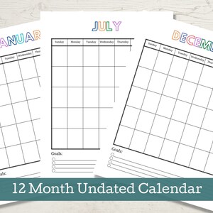 Puede incluir: Tres p&aacute;ginas de calendario imprimibles para enero, julio y diciembre. Cada p&aacute;gina tiene un t&iacute;tulo de mes colorido y una cuadr&iacute;cula para cada d&iacute;a del mes. Las p&aacute;ginas tambi&eacute;n incluyen una secci&oacute;n para objetivos con l&iacute;neas en blanco y casillas de verificaci&oacute;n.