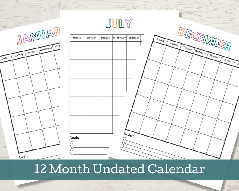 Puede incluir: Tres p&aacute;ginas de calendario imprimibles para enero, julio y diciembre. Cada p&aacute;gina tiene un t&iacute;tulo de mes colorido y una cuadr&iacute;cula para cada d&iacute;a del mes. Las p&aacute;ginas tambi&eacute;n incluyen una secci&oacute;n para objetivos con l&iacute;neas en blanco y casillas de verificaci&oacute;n.