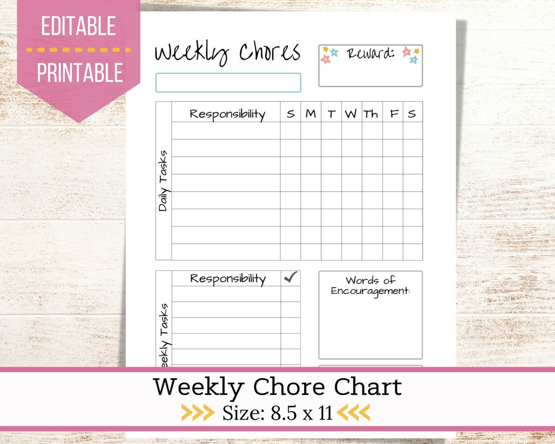 Chore Chart for Kids Printable, Cleaning Checklist, Chore List, Reward ...