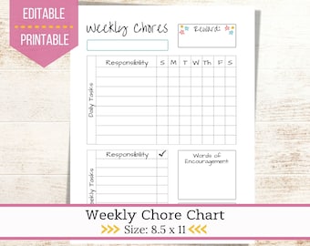 Chore Chart For Kids Printable, Cleaning Checklist, Chore List, Reward Chart, Behavior Chart, Editable Chore Chart Template