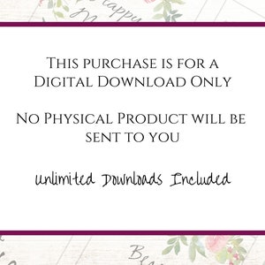 May include: A purple border surrounds a white background with the text "THIS PURCHASE IS FOR A DIGITAL DOWNLOAD ONLY. NO PHYSICAL PRODUCT WILL BE SENT TO YOU. unlimited Downloads Included."