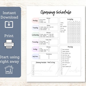 May include: Printable cleaning schedule checklist with a pink, blue, and purple color scheme. The checklist includes daily, weekly, and monthly cleaning tasks for the bedroom, bathroom, family room, entryway, and miscellaneous areas. The checklist also includes a section for cleaning supplies.