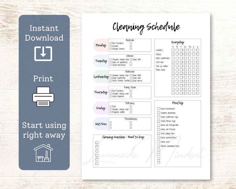 May include: Printable cleaning schedule checklist with a pink, blue, and purple color scheme. The checklist includes daily, weekly, and monthly cleaning tasks for the bedroom, bathroom, family room, entryway, and miscellaneous areas. The checklist also includes a section for cleaning supplies.