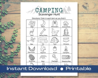 Camping Scavenger Hunt | Camping Game Printable | Outdoor Kids Treasure Hunt | Hiking Scavenger Hunt