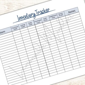May include: A black and white printable inventory tracker spreadsheet with column headings for Item, Purchase Date, Listing Date, Date Sold, Purchase Cost, Sold Price, Additional Fees, Gross Profit, and Notes.