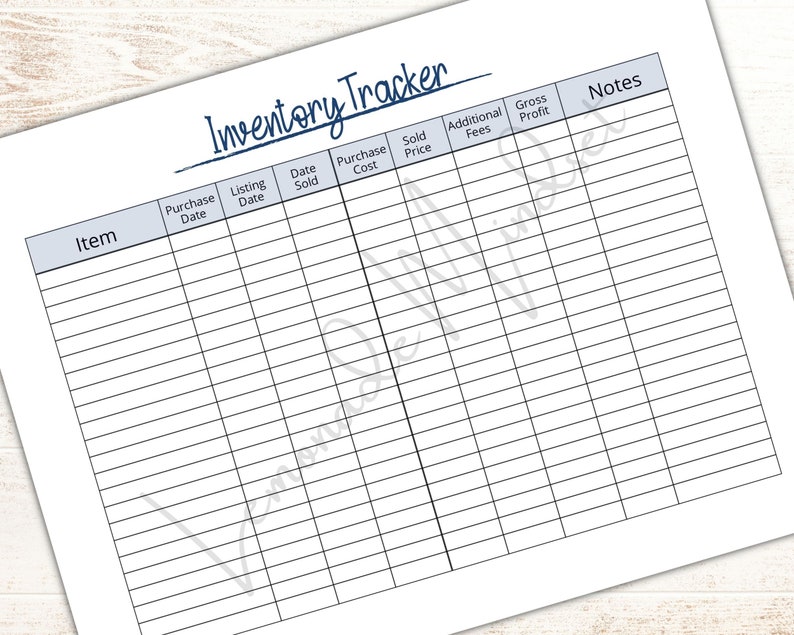May include: A black and white printable inventory tracker spreadsheet with column headings for Item, Purchase Date, Listing Date, Date Sold, Purchase Cost, Sold Price, Additional Fees, Gross Profit, and Notes.