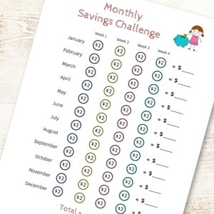 Monthly Money Savings Challenge For Kids Printable Money Challenge Tracker Money Goal Chart to Teach Kids How to Budget and Save image 7