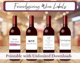 Friendsgiving Wine Label Printable | Funny Thanksgiving Wine Bottle Gift Idea | Gift For A Friend or Hostess Gift | DIY Holiday Wine Labels
