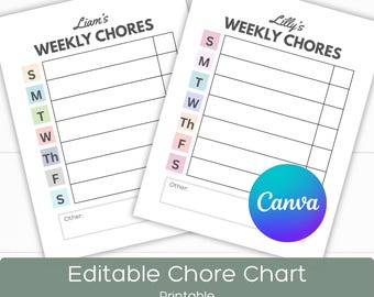 Editable Weekly Chore Chart for Kids, Printable Chore Board, Canva Template, Kids Responsibility Chart, Chore Tracker, Daily Routine Chart