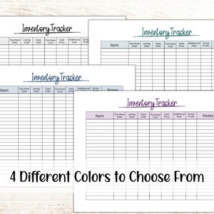 May include: Four printable inventory tracker templates in different colors: blue, green, purple, and gray. Each template has columns for item, purchase date, listing date, date sold, purchase cost, sold price, additional fees, and gross profit. There is also a notes column.