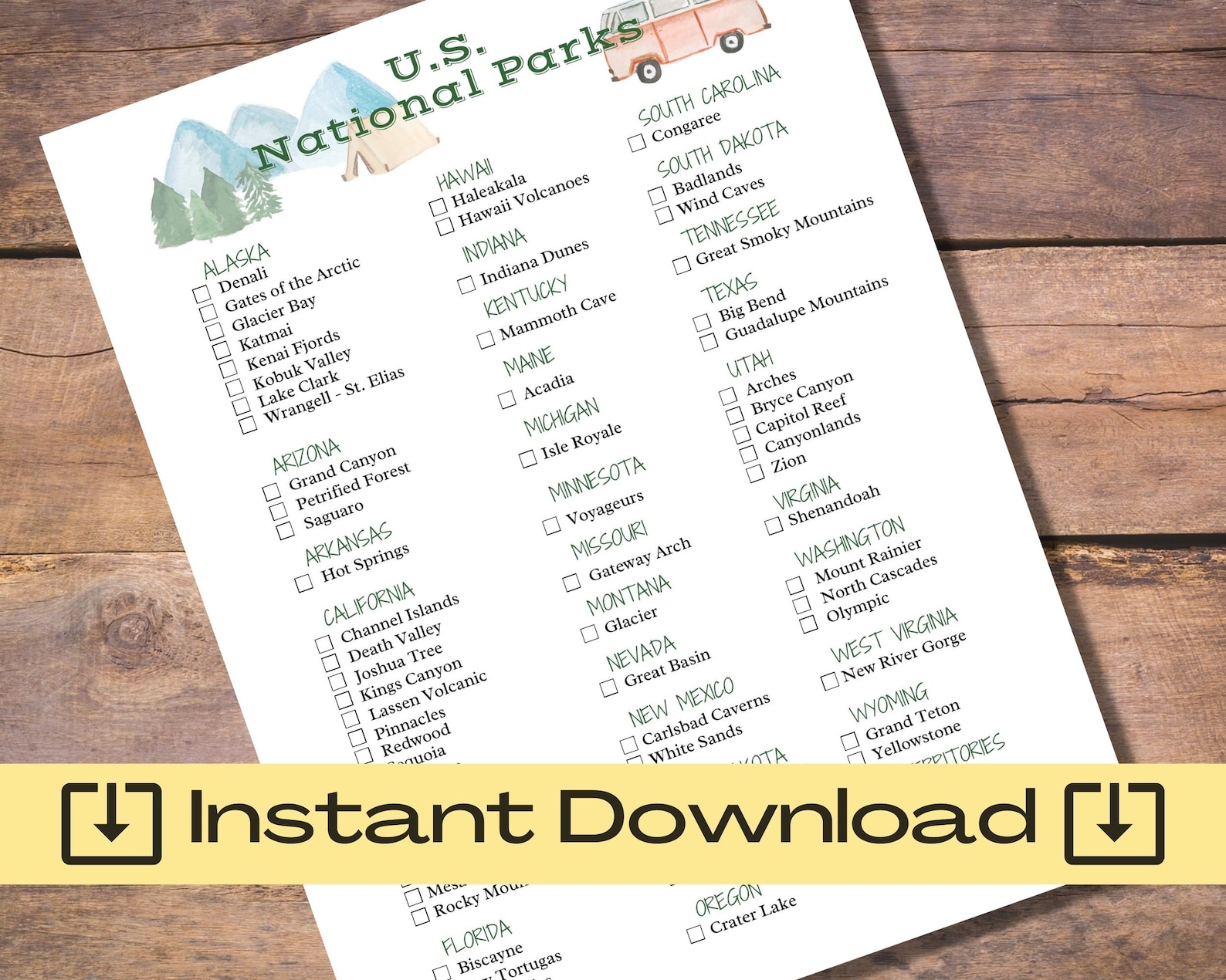 National Park Checklist Printable United States National | Etsy