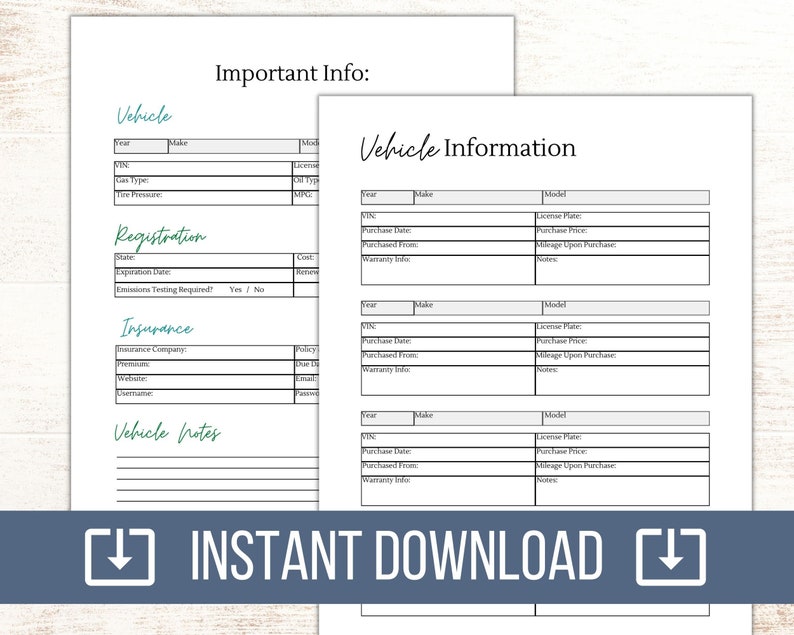 May include: Printable vehicle information tracker with sections for vehicle details, registration, insurance, and notes. The document has a minimalist design with black text on a white background.