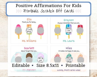 Positive Affirmations For Kids, Personalized and Printable Card for Student, Custom Scratch Off, Lunch Box Note for Kids