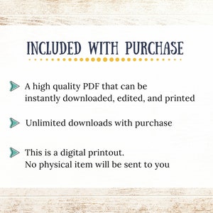 Pode incluir: Texto sobre um fundo branco com textura de madeira. O texto diz "INCLUDED WITH PURCHASE" em azul com pontos amarelos por baixo. O texto continua com tr&ecirc;s marcadores: "Um PDF de alta qualidade que pode ser descarregado, editado e impresso instantaneamente", "Downloads ilimitados com a compra", e "Este &eacute; um produto digital. Nenhum item f&iacute;sico ser&aacute; enviado".