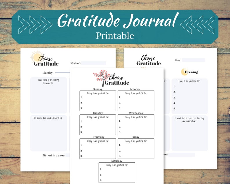 May include: Printable gratitude journal with a floral design. The journal includes sections for daily and weekly reflections on things you are grateful for.