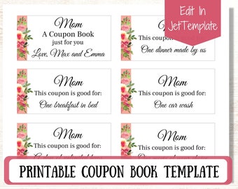 Printable Coupon Book Template For Mom, DIY Mother's Day Gift, Editable and Personalized Coupon Book for Her, Custom Birthday Gift For Mom