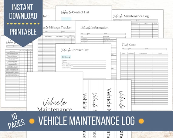 Vehicle Maintenance Log Printable | Car Maintenance Checklist and Planner | Vehicle Service Record | Mileage Log | Household Binder