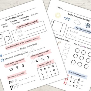 May include: A printable worksheet for kids to practice tracing letters, writing words, and completing simple math problems. The worksheet features a variety of activities, including tracing the letters "P" and "L", writing the words "pool" and "put", and circling the largest and smallest numbers. There are also activities that involve coloring shapes and writing missing numbers.