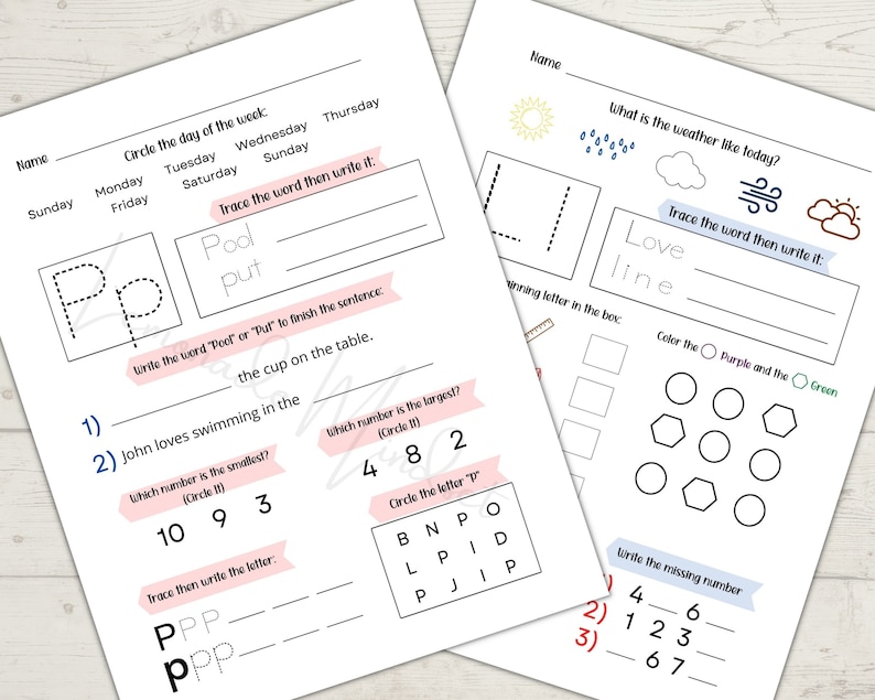 May include: A printable worksheet for kids to practice tracing letters, writing words, and completing simple math problems. The worksheet features a variety of activities, including tracing the letters "P" and "L", writing the words "pool" and "put", and circling the largest and smallest numbers. There are also activities that involve coloring shapes and writing missing numbers.