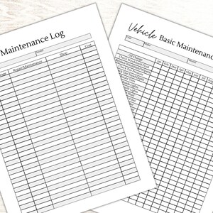May include: A printable vehicle maintenance log with sections for date, mileage, repair/maintenance, shop, and cost. A second printable sheet is for basic vehicle maintenance with a checklist for oil change, windshield fluid, tire pressure, and more. The checklist is organized by month.
