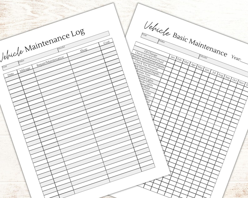 May include: A printable vehicle maintenance log with sections for date, mileage, repair/maintenance, shop, and cost. A second printable sheet is for basic vehicle maintenance with a checklist for oil change, windshield fluid, tire pressure, and more. The checklist is organized by month.