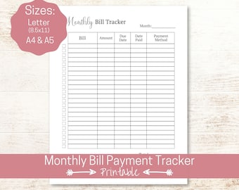 Monthly Bill Tracker, Bill Organizer, Money Planner,  Expense Tracker Printable, Finance Log, Spending Record